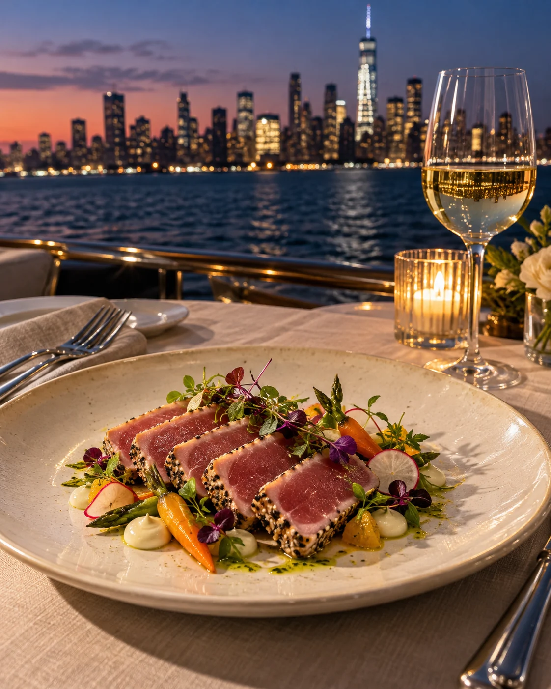 A beautifully plated tuna course with wine and Manhattan views
