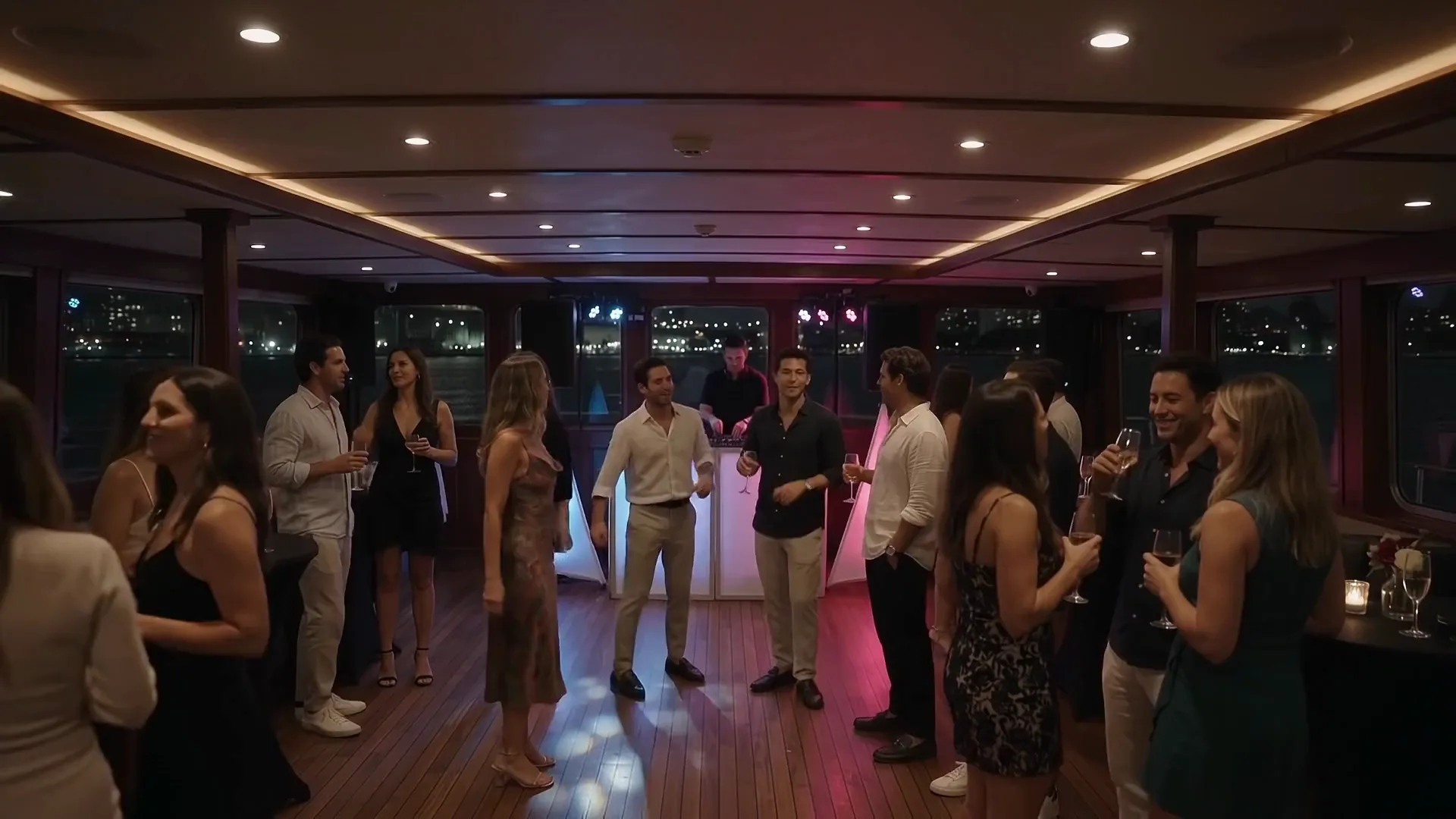 Guests celebrating inside a yacht at night