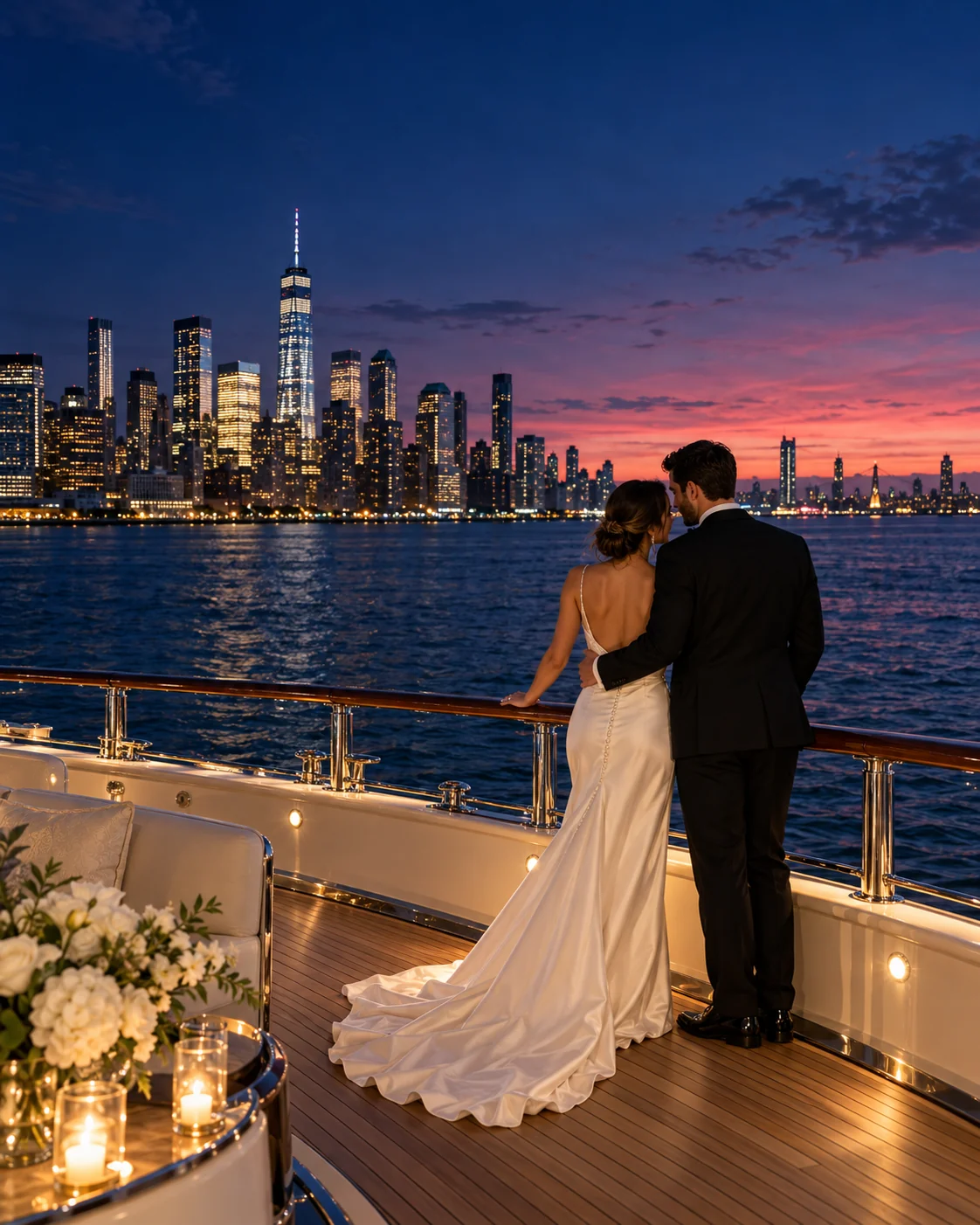A wedding couple sharing a quiet moment on a yacht at sunset